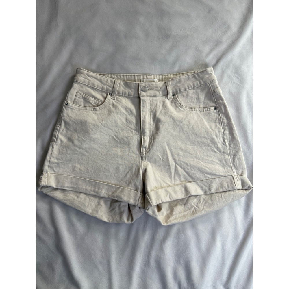 H&M Womens High Waisted Denim Cuffed Shorts Cream Off White Size 10
